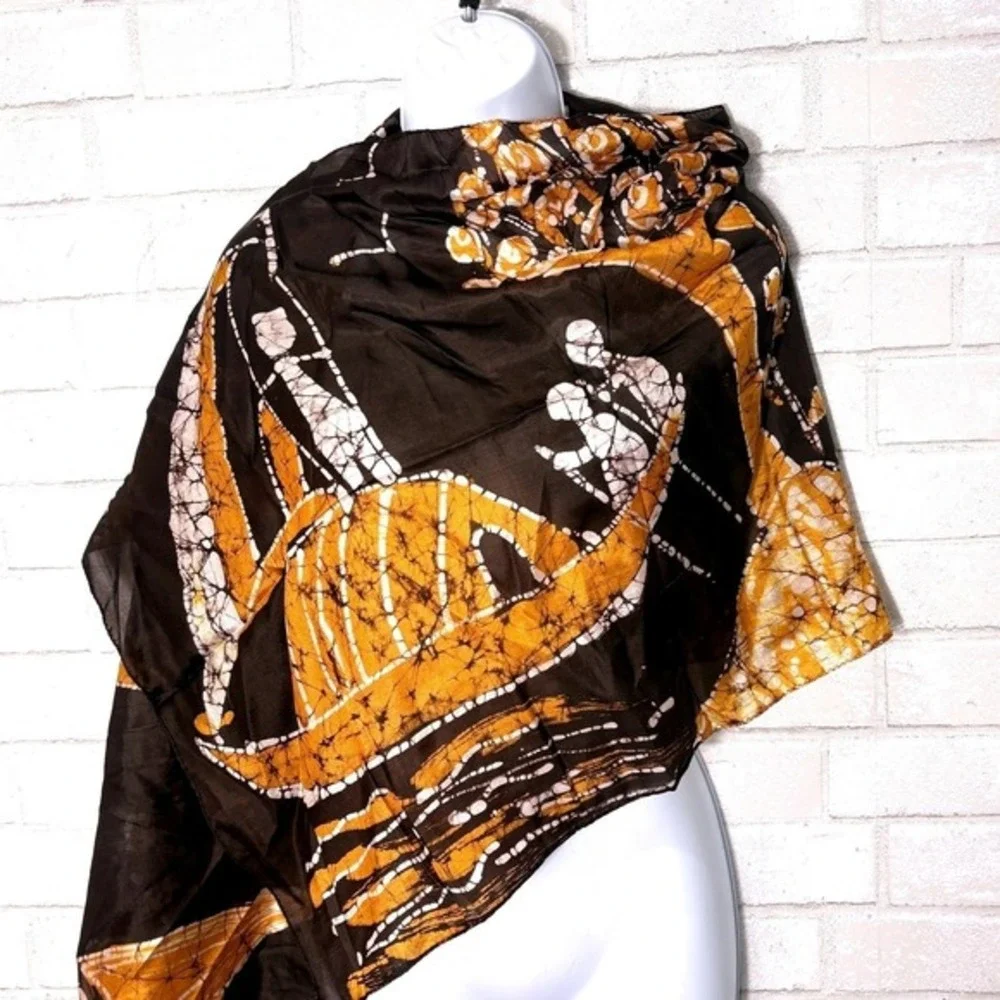 Vintage‎ Silk Scarf Narrative Print Batik Artisan Shawl Wrap Wearable Art Global